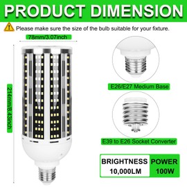 2 Pack 1000W Equivalent Led Corn Light Bulb, 10000 Lumen 5000K Daylight White 100W LED Corn Bulb, AC85-265V, E26/E39 Base LED Bulbs for Outdoor Indoor Warehouse Garage Basement Backyard Factory Barn