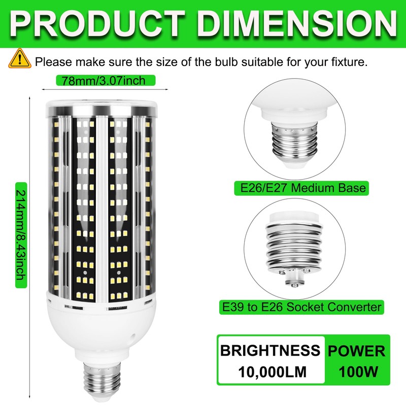 2 Pack 1000W Equivalent Led Corn Light Bulb, 10000 Lumen