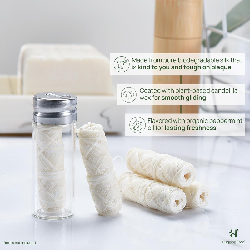 HUGGING TREE Natural Silk Dental Floss with Glass Dispenser |