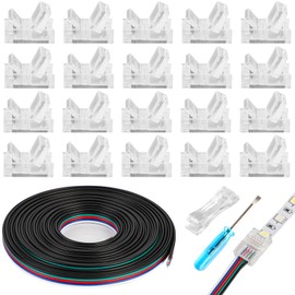 HOMELYLIFE 5 Pin RGBW LED Strip Connectors 10mm Solderless 20 Pcs with 16.4ft Extension Cable 5 Conductor for Waterproof or Non-Waterproof 10mm Wide RGBW LED Strip Lights