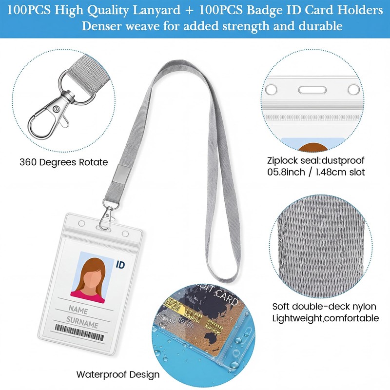 100 Sets ID Card Holder with Lanyard Bulk Vertical Name
