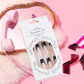 Long Press on Nails French Tip Fake Nails Black Acrylic Nails with Rhinestones Design Coffin Nails Tips Full Cover False Nails Reusable Glue on Nails Glossy Artificial Nails for Women Girls 24Pcs