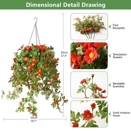 INQCMY Artificial Hanging Flowers with Basket,Fake Silk Flower Arrangements,4 Pack Chrysanthemum Flowers with 12 inch Coconut Lining Basket for Patio Garden Porch Deck Decoration(Red)