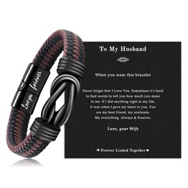 Brown Braided Leather Bracelets for Men, Engraved Bracelets Valentine's Day Gift for Husband, Infinity Knot Bracelet Men Jewelry Birthday Gift for Husband 22cm/8.5inch