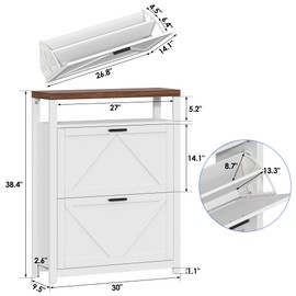 Nosepen White Wood Shoe Storage Cabinet with 2 Flip Drawers & Open Storage Shelf, Farmhouse Shoe Organizer Cabinet with Barn Door, Freestanding Hidden Narrow Slim Thin Shoe Cabinet for Entryway