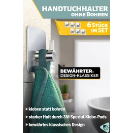 Menz Menz Handtuchhalter ohne Bohren 6er SET - Handtuchhaken Bad Edelstahl, klassisch-funktionale Haken selbstklebend - Starke Klebehaken als stilvolle Wandhaken