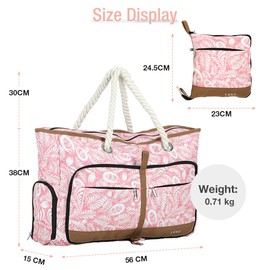Lekesping Waterproof Beach Bag for Women - Tote Bags with Zip and Pocket, 35l Fldable Travel Tote Bag with Shoe Compartment, Enhanced with Bottom Elastic Strap (Pink)