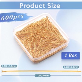 SOFPLATE 1 Box of 600 Fine Pins for Sewing, Gold-Coloured Pins with Flat Head, 30 mm Long, Pins with Flat Head, Jewellery Accessories in Large Quantities, Pins for Jewellery Making, Accessories