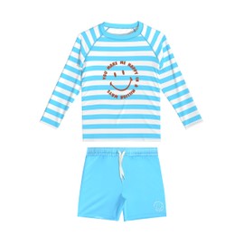 weVSwe Boys Two Piece Rash Guard UPF 50+ Kids Boys Swimming Costume Swimsuits Long Sleeve Sunsuit Swimwear Sets Swim Trunks Blue Smile 2 Years