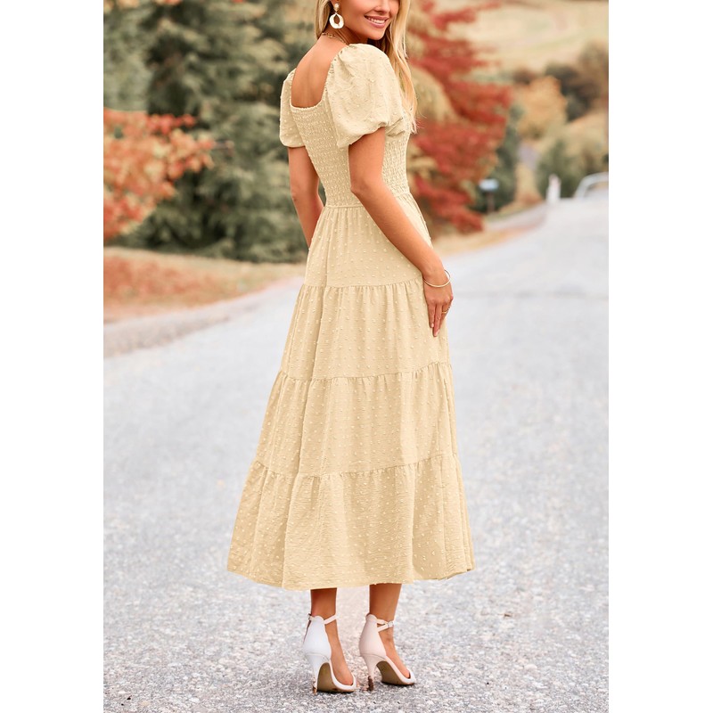 PRETTYGARDEN Women's Swiss Dot Boho Midi Dress Puff Sleeve Tiered