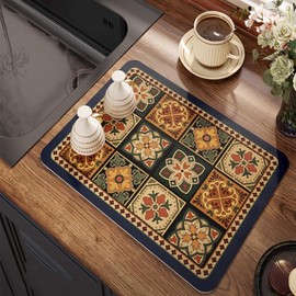 Lilithmanor Coffee Mat, Boho Style Dish Drying Mat, Fast Water Absorption, Hide Stains, Easy to Clean, Fit Coffee Bar Accessories, Bar Mats for Countertop (16"x21", Blue Checkered)