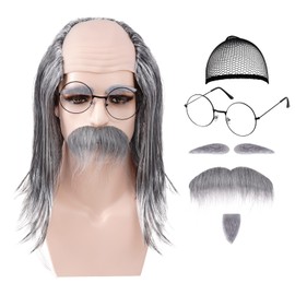 Rthjsfj Old Man Costume Kit- Grandpa Curly Wig, Wig Cap, Glasses, Mustache and Eyebrows Set (Grey, Short, Curly)