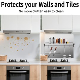 Cxforste Stainless Steel Backsplash, Stove Backsplash Protector for Wall with Storage Shelf & Magnetic Knife Rack, 30" x 24" Back Splash for Stove Range Hood Wall Shield Silver