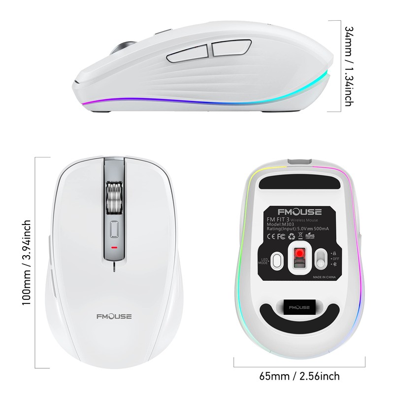 zienstar-Mouse Inalámbrico Recargable con Luz RGB,Modo Dual (2.4G USB+Bluetooth 5.1),Ajuste