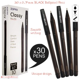 ZOFAX Classy 30 x 0.7mm Fine Biros BLACK Stick Ballpoint Pens Smooth Writing Comfort Trio Grip - Business School Hospital Office Home Ideal