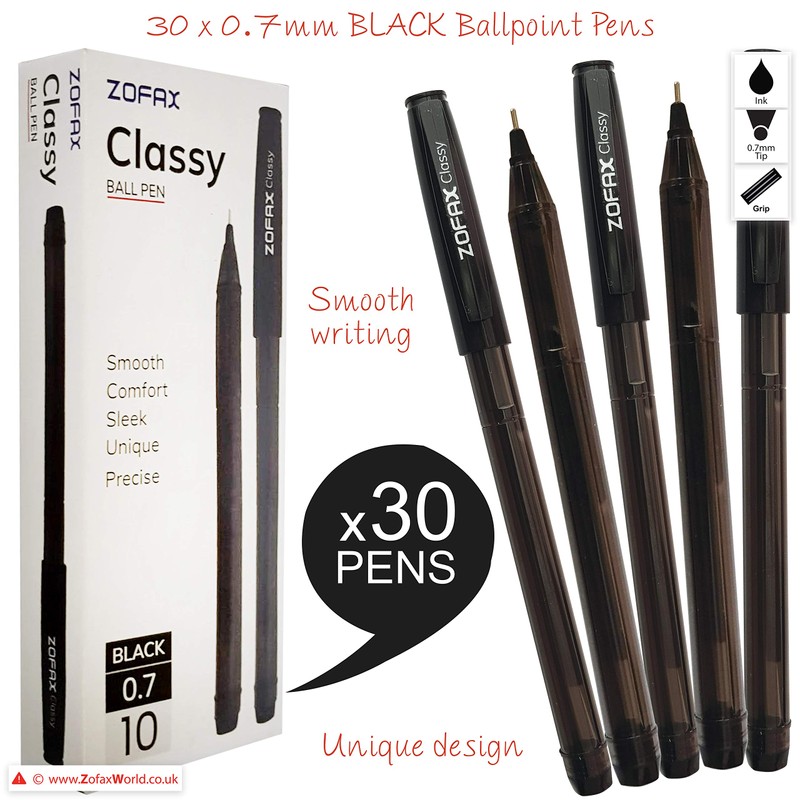 ZOFAX Classy 30 x 0.7mm Fine Biros BLACK Stick Ballpoint