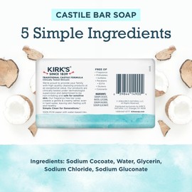 Kirk's Castile Bar Soap for Men, Women & Children - Made with Premium Coconut Oil, Sensitive Skin Formula- Vegan & Non GMO- Fragrance Free- 4 oz. Bars 6 Pack