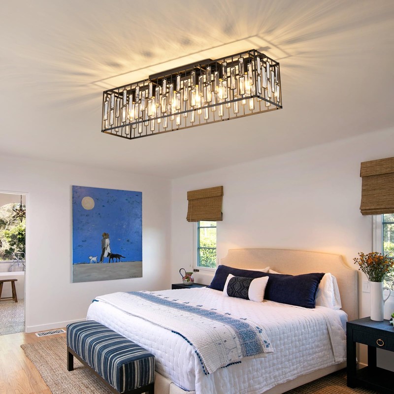 Garwarm 38.7 inch Modern Ceiling Light,6-Light Crystal Chandelier Black Rectangle