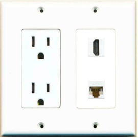 RiteAV [ 2 Gang ] 15 Amp Duplex Power Outlet HDMI CAT6 Ethernet Coupler Wall Plate