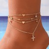 Prosy Layered Cross Anklets Gold Heart Ankle Bracelet Chain Crystal