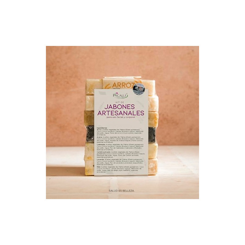 PACALLI Jabones Artesanales 6 Pack; Arroz, Avena, Caléndula, Carbón Activado,