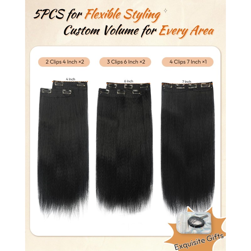 5PCS Yaki Straight Clip in Hair Extensions 14 Inch Natural