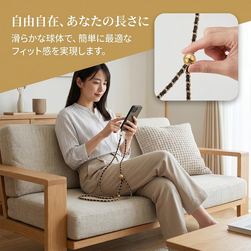 スマホショルダー 120cm 伸縮式ウェーブ型背面クリップ付き （シルバー）