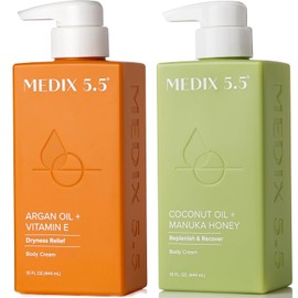 Medix 5.5 Set de crema de argán y crema de coco Medix 5.5. La crema de argán Medix 5.5 con oro de 24 quilates reduce las arrugas y la piel que se cae. Crema de coco hidrata la piel dañada y seca. Dos 15 oz