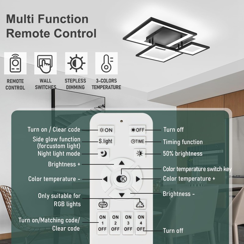 HLILCEH Modern Black Led Ceiling Light 3-Square Design 3000K-6500K Dimmable