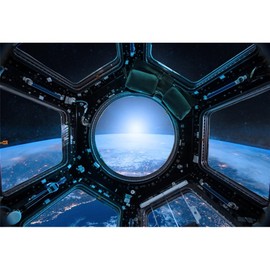 Laeacco 7x5ft Spaceship Window View Backdrop Spacecraft Interior Planet Earth 3D Universe Outer Space Travel Science Explore Photography Background Kids Boy Birthday Party Banner Photo Booth Props