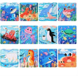 GR GRINNNIE Wooden Ocean Animal Puzzles 12-Pack Toddler Jigsaw Ages 3-5 Preschool Travel Toy