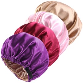 4 Pieces Silky Satin Bonnet Hair Cap Double Layer Sleep Night Cap with Invisible Flat Adjusting Button Head Cover Bonnet Hat