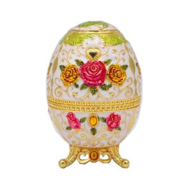 VOANZO Retro Creative Metal Toothpick Holder Flower Pattern Egg Shape Hand Press Toothpick Case Portable Retractable Box (White - Gold Red Rose)