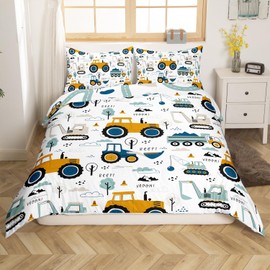Homewish Kids Car Single Duvet Cover Set, Construction Bedding for Teenage Boy, Truck Equipment Duvet Cover Teens Room Decor, Excavator Tractor Pattern Quilt Cover with 1 Pillowcase, Reversible