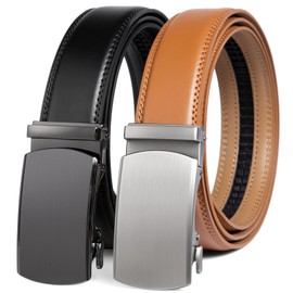 2 Pack Ratchet Belt 1 3/8", Mens leather Dress Belt in Gift Set Size 28"-62" Adjustable waist Trim to Fit (105 Black/Light Brown, 28"-38" Waist Adjustable)