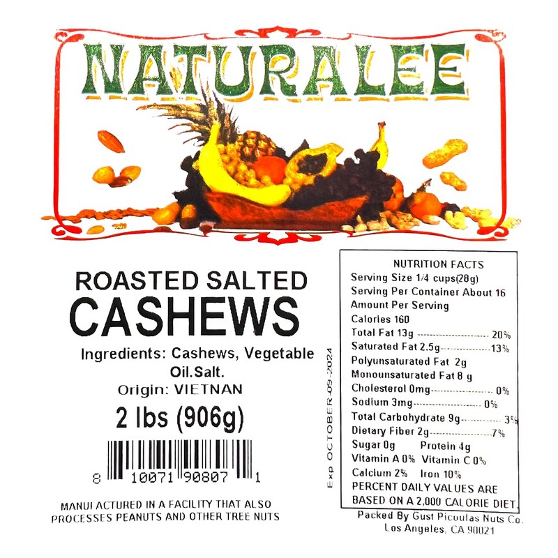 Naturalee Cashews 2 lbs - Roasted, Salted - Natural Heart