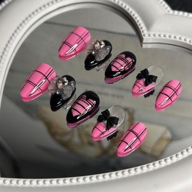 Pink fake nails Black fake nails Cute bow Almond fake nails Acrylic fake nails Plaid Heart Fake nails Handmade nails - Color: L