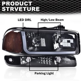 CNNELL LED Headlights Assembly Compatible with GMC 1999-2007 Sierra 1500/Yukon, 2001-2007 Sierra 1500 HD/2500 HD/3500 w/Bumper Signal Lamps(Smoky lens Black Housing Amber Reflector)
