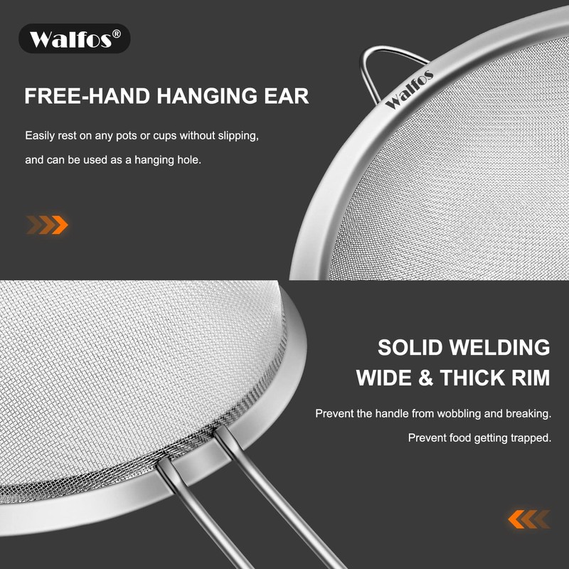 Walfos Fine Mesh Strainer Set of 3, Stainless Steel Wire