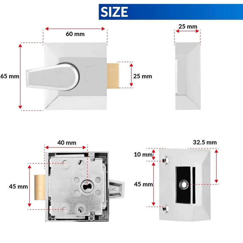 Narrow Deadlocking Night Latch 40mm, Complete with Rim Cylinder and