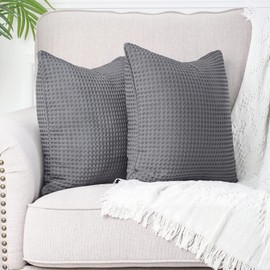 MANDIOO Set of 2 Waffle Textured Decorative Throw Pillow Covers Soft Solid Cotton Cushion Cases Luxury Pillowcases for Couch Sofa Bed 18x18 Inches Grey