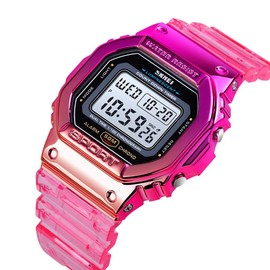 Gosasa Outdoor Sport Unisex Watches Back Light Digital Watches Transparent Multifunctional Wristwatch Casual Style Stopwatch Date 5Bar Waterproof (Red)