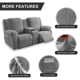 YUEANG Recliner Loveseat Cover with Center Console, 2 Seater Jacquard Recliner Sofa Slipcover with Pockets Washable Stretch Reclining Couch Covers Furniture Protector with Elastic Straps (Light Gray)