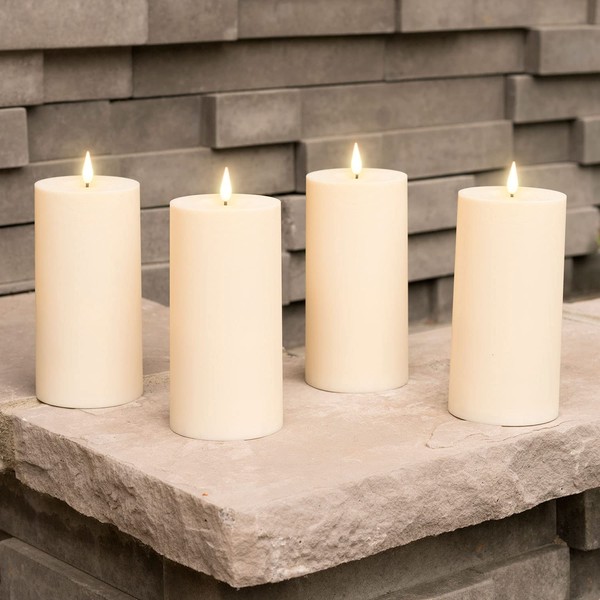LampLust Outdoor Ivory Flameless Candles with Timer Waterproof - 4 Pack, 3x6 LED Pillar Set, Patio Decor, Battery Operated, Realistic Flickering Light, Remote & Timer Included