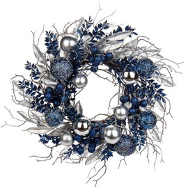 Christmas Ball Wreath 16" Glitter Christmas Wreath with Ornaments Artificial Eucalyptus and Berries for Door Wall Mantel Holiday Party Christmas Decoration, Blue