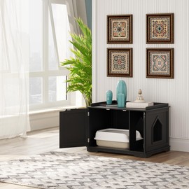 CHEFJOY Litter Box Enclosure, Wooden Litter Box Furniture w/Double Doors & Removable Divider, Hidden Cat Washroom Storage Bench for Large Cat Kitty, Cat Cabinet for Bedroom, Living Room (Black)