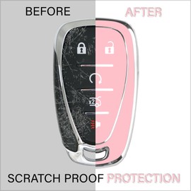 QBUC for Chevy Key Fob Cover with Leather Keychain Soft TPU Protection Case Compatible with 2016-2026 Chevy Malibu Blazer Traverse Equinox Trailblazer 5-Buttons(Chrome Trim Pink)
