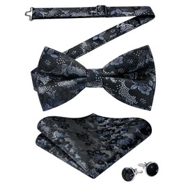 HISDERN Mens Bow Tie Pre tied & Pocket Square Set Floral Bow Ties with Handkerchief Cufflinks for Men Wedding Party Festival Gifts,Black