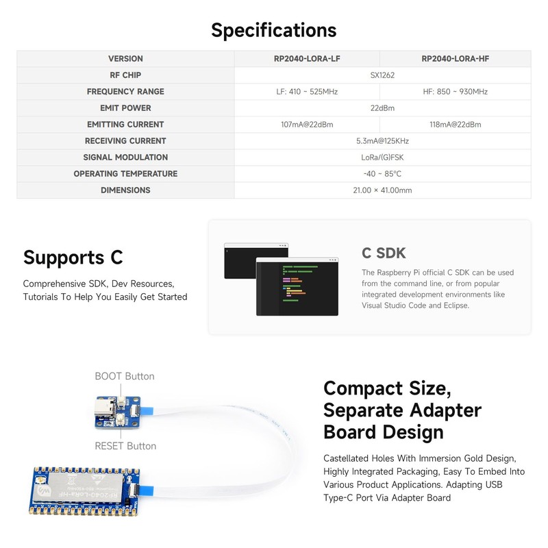Waveshare RP2040-LoRa Development Board, Integrates SX1262 RF Chip, Long-Range Communication,
