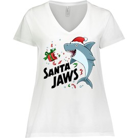 inktastic Santa Jaws- Cute Christmas Shark Women's Plus Size V-Neck 3X 0020 White 444d3